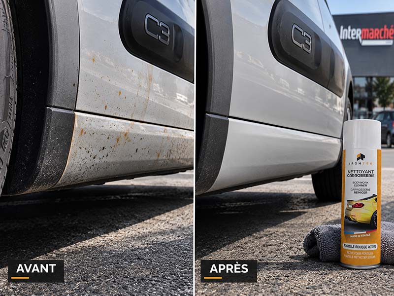 Avant après nettoyage du bas de caisse d’une Citroën C3